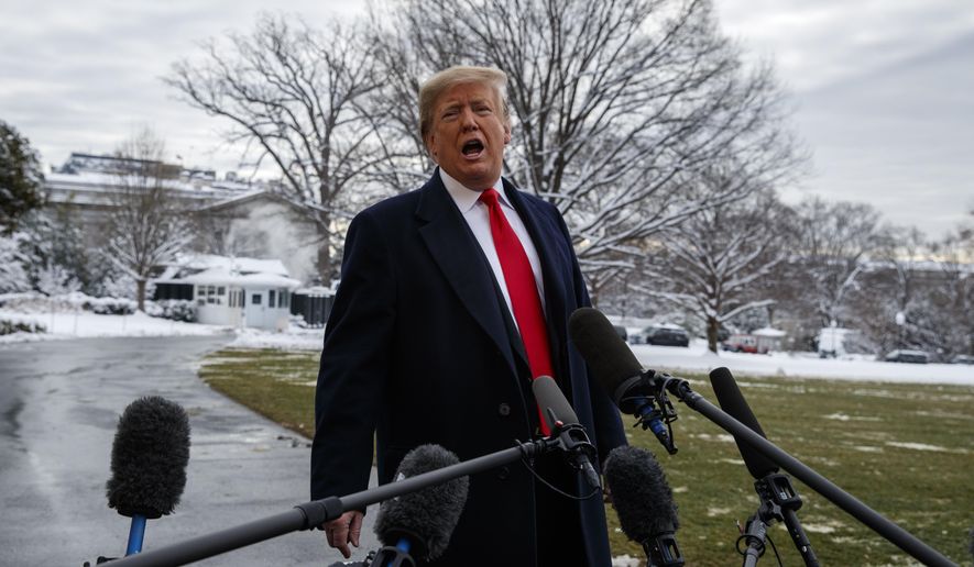 President Donald Trump talks with reporters on the South Lawn of the White House before departing for the American Farm Bureau Federation's 100th Annual Convention in New Orleans, Monday, Jan. 14, 2019, in Washington. (AP Photo/ Evan Vucci)