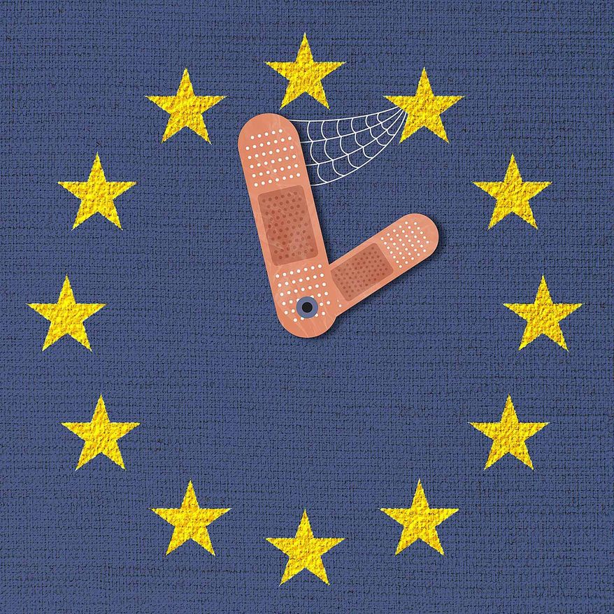Illustration on single payer health care and the EU by Greg Groesch/The Washington Times