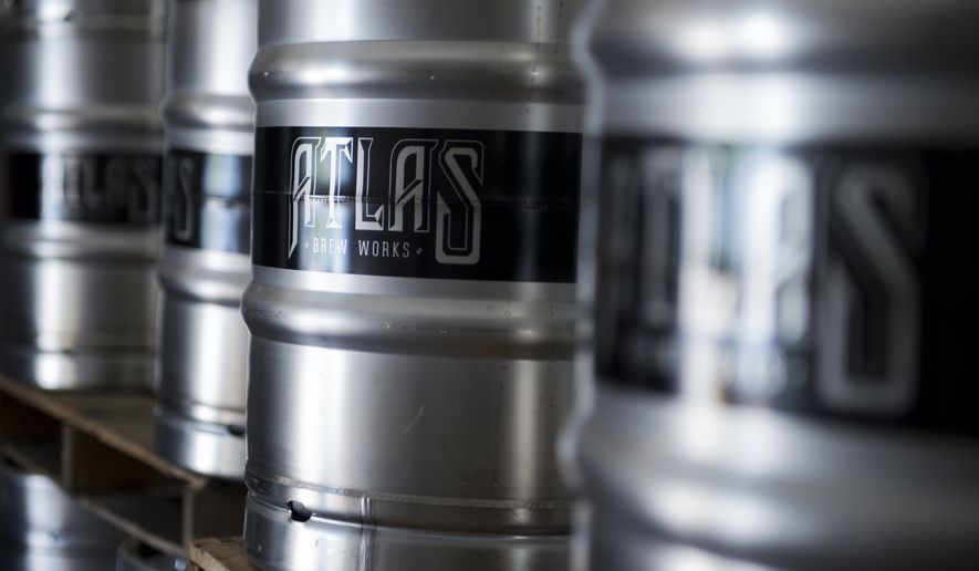 Kegs are stacked at Atlas Brew Works on West Virginia Avenue, NE. (Photo By Tom Williams/CQ Roll Call)  (CQ Roll Call via AP Images) ** FILE **