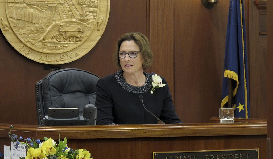 Anchorage Republican state Sen. Cathy Giessel is shown after being elected Alaska Senate President on Tuesday, Jan. 15, 2019, in Juneau, Alaska. The Senate has a Republican-led majority. (AP Photo/Becky Bohrer)