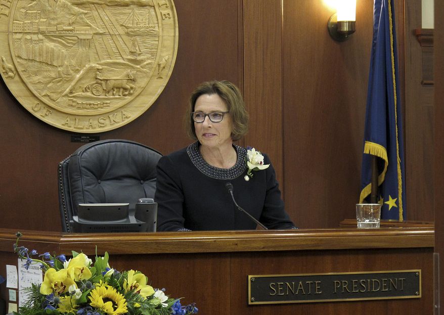 Anchorage Republican state Sen. Cathy Giessel is shown after being elected Alaska Senate President on Tuesday, Jan. 15, 2019, in Juneau, Alaska. The Senate has a Republican-led majority. (AP Photo/Becky Bohrer)