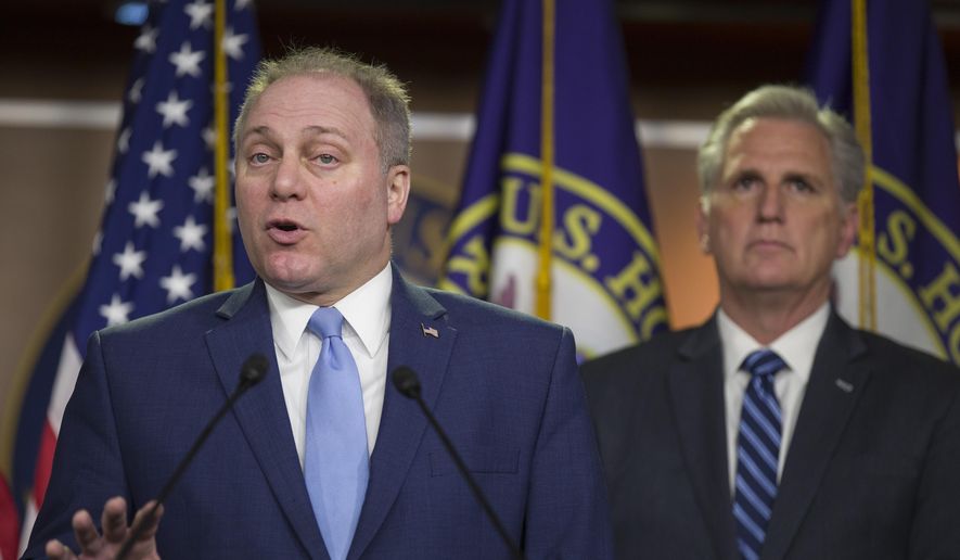 House Minority Whip Steve Scalise of La., speaks accompanied by House Minority Leader Kevin McCarthy of Calif., during a news conference on Capitol Hill, Tuesday, Jan. 15, 2019 in Washington. (AP Photo/Alex Brandon) ** FILE **