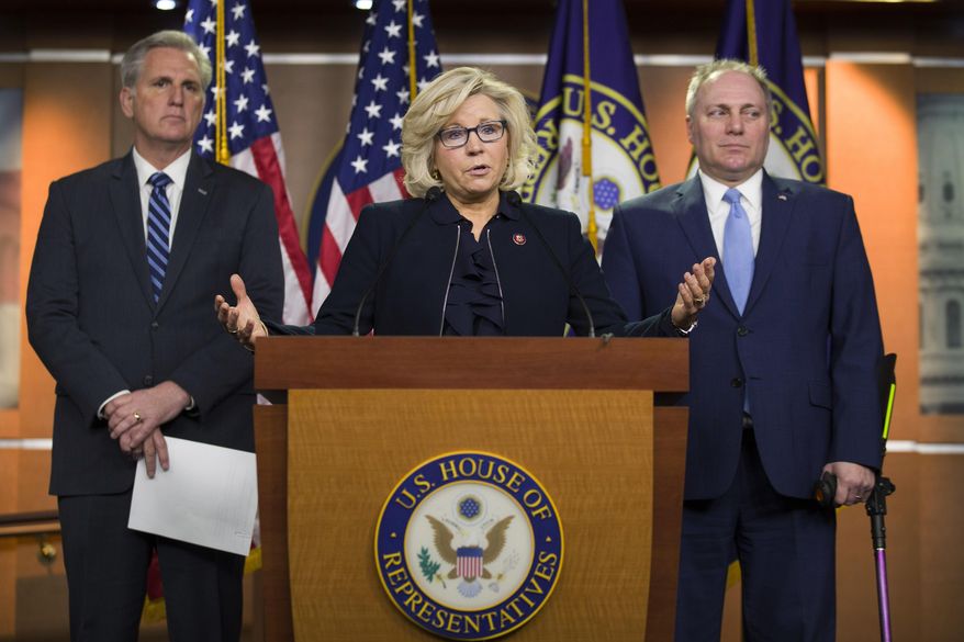 House Republican Conference chair Rep. Liz Cheney, R-Wyo., center, accompanied by House Minority Leader Kevin McCarthy of Calif., left, and House Minority Whip Steve Scalise of La., speaks at a news conference on Capitol Hill, Tuesday, Jan. 15, 2019 in Washington. (AP Photo/Alex Brandon) ** FILE **