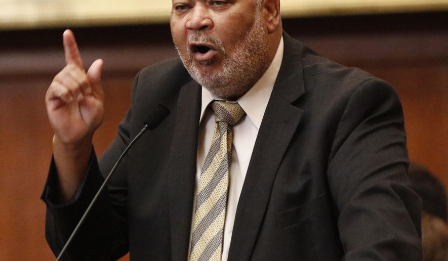 Rep. Willie L. Bailey, D-Greenville, speaks for an amendment on the Mississippi Broadband Enabling Act, Tuesday, Jan. 15, 2019, in House chambers at the Capitol in Jackson, Miss. The bill passed the House and awaits further action. (AP Photo/Rogelio V. Solis)