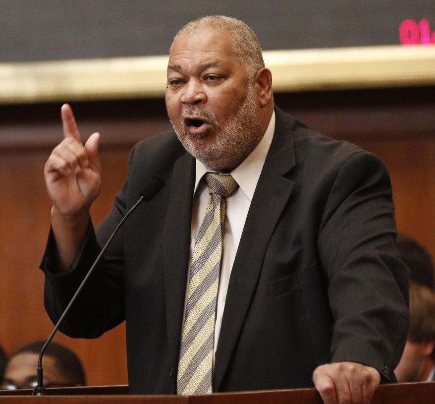 Rep. Willie L. Bailey, D-Greenville, speaks for an amendment on the Mississippi Broadband Enabling Act, Tuesday, Jan. 15, 2019, in House chambers at the Capitol in Jackson, Miss. The bill passed the House and awaits further action. (AP Photo/Rogelio V. Solis)