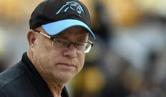 FILE - In this Aug. 30, 2018, file photo, Carolina Panthers owner David Tepper walks in the field during before an NFL football game against the Pittsburgh Steelers in Pittsburgh. Panthers owner David Tepper says it’s important for team to have a solid contingency plan in place at quarterback next season given the uncertainty surrounding franchise QB Cam Newton’s bothersome right shoulder. (AP Photo/Don Wright, File)