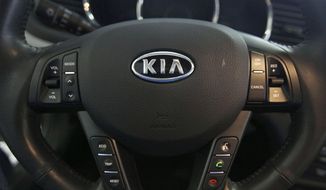 FILE- This Oct. 5, 2012, file photo, shows a Kia optima&#39;s steering wheel inside of a Kia car dealership in Elmhurst, Ill. Kia says it will ignore the partial U.S. government shutdown and recall more than 68,000 vehicles to fix a fuel pipe problem that can cause engine fires. The problem stems from previous recall repairs due to engine failures. Kia is only doing the fix on 68,000 of its 618,000 vehicles. The fuel injector pipe recall covers some 2011 through 2014 Optima cars, 2012 through 2014 Sorrento SUVs, and 2011 through 2013 Sportage SUVs, all with 2-liter and 2.4-liter four-cylinder engines. (AP Photo/Nam Y. Huh, File)