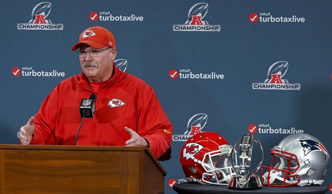 Kansas City Chiefs coach Andy Reid speaks during a news conference Wednesday, Jan. 16, 2019, in Kansas City, Mo. The Chiefs are scheduled to play the New England Patriots for the NFL football AFC championship Sunday. (John Sleezer/The Kansas City Star via AP)