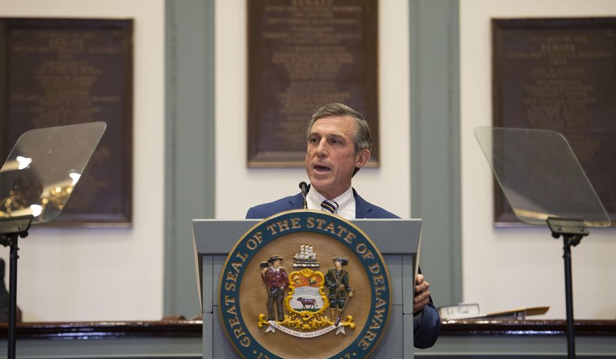 Governor John Carney gives his State of the State Address in the Senate Chambers, Thursday, Jan. 17, 2019 in Dover, Del. Democratic Gov. John Carney says Delaware is "strong, and getting stronger." That was Carney's assessment Thursday in prepared remarks for his State of the State speech to a joint session of the General Assembly.(Jason Minto/The News Journal via AP)