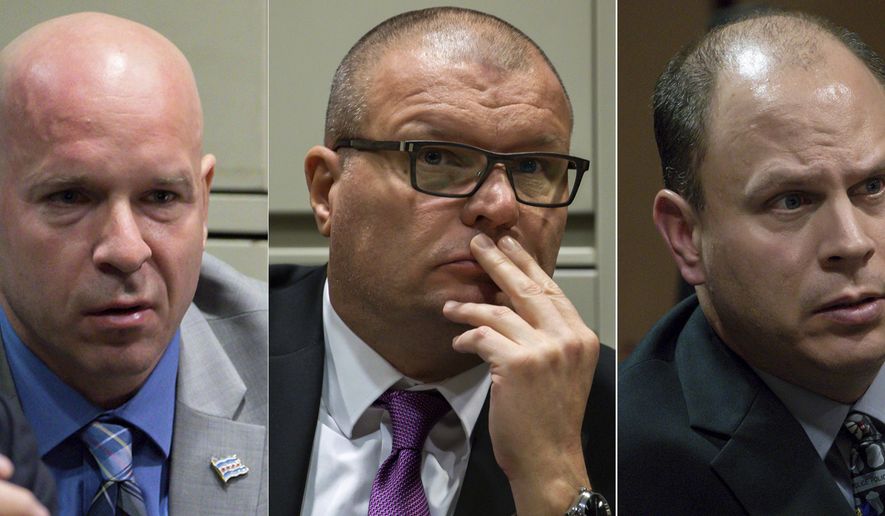 FILE - This combination of Nov. 28, 2018 file photos shows former Chicago Police officer Joseph Walsh, left, former detective David March and former officer Thomas Gaffney, accused of trying to cover up the fatal shooting of Laquan McDonald,  during a bench trial before Judge Domenica A. Stephenson at Leighton Criminal Court Building in Chicago. Judge Domenica Stephenson said Thursday, Jan. 17, 2019,  that after considering all of the evidence, including police dashcam video of the killing, she did not find that officer Thomas Gaffney, Joseph Walsh and David March conspired to cover up the shooting.  (Zbigniew Bzdak/Chicago Tribune via AP, Pool, File)
