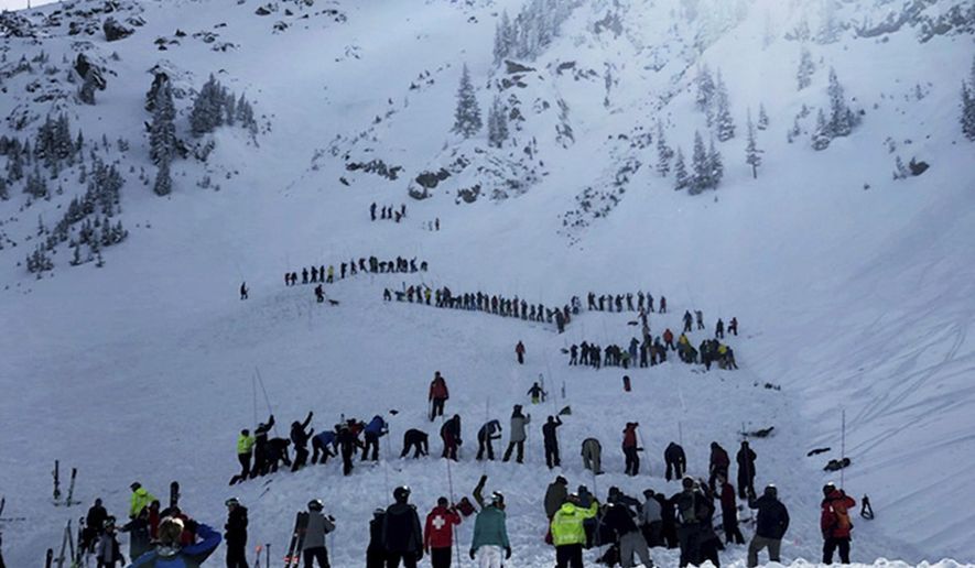 People search for victims after an avalanche buried multiple people near the highest peak of Taos Ski Valley, one of the biggest resorts in New Mexico, Thursday, Jan. 17, 2019. The avalanche rushed down the mountainside of the New Mexico ski resort on Thursday, injuring at least a few people who were pulled from the snow after a roughly 20-minute rescue effort, a resort spokesman said. (Morgan Timms/Taos News via AP)