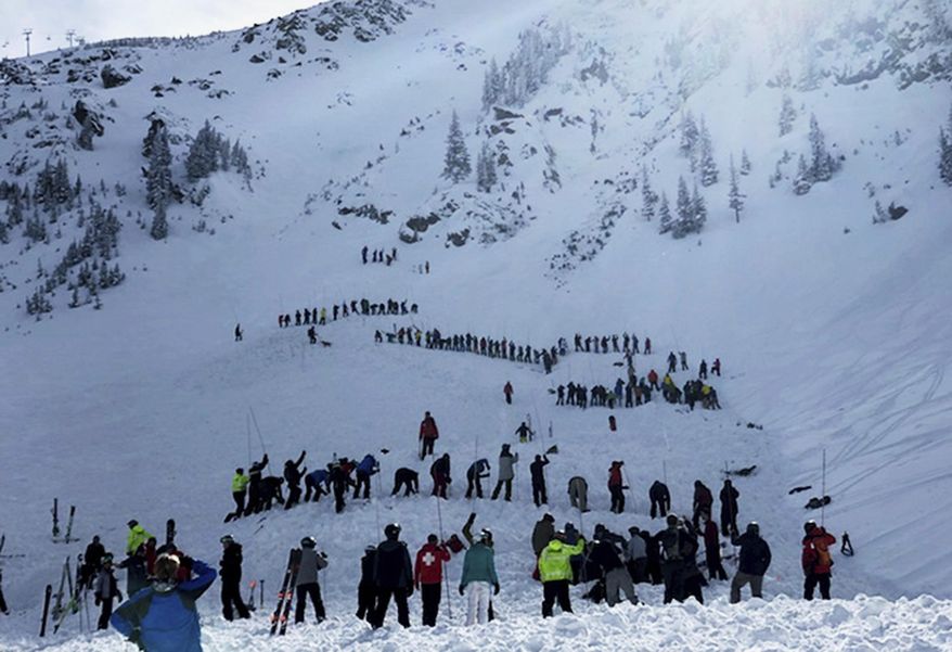 People search for victims after an avalanche buried multiple people near the highest peak of Taos Ski Valley, one of the biggest resorts in New Mexico, Thursday, Jan. 17, 2019. The avalanche rushed down the mountainside of the New Mexico ski resort on Thursday, injuring at least a few people who were pulled from the snow after a roughly 20-minute rescue effort, a resort spokesman said. (Morgan Timms/Taos News via AP)