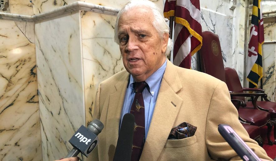 Maryland Senate President Thomas V. Mike Miller talks about plans for legislation to approve sports betting in the state, Thursday, Jan. 17, 2019 in Annapolis, Md. (AP Photo/Brian Witte)