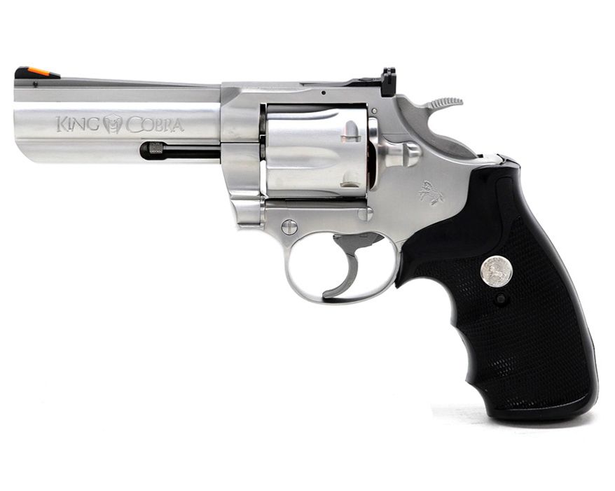 Colt King Cobra .357 - King Cobra is reincarnated for 2019 as the 6-Shot .357 Magnum big brother of the Colt Cobra Double Action revolver. Sporting a heavy-duty frame, 3-inch barrel, and brushed stainless steel construction, the King Cobra secures a new place in the legendary heritage that makes Colt double-action revolvers some of the hottest collectible firearms today
