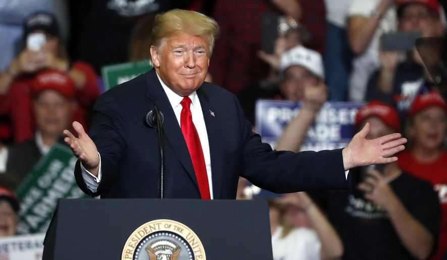 In this Nov. 5, 2018, file photo, President Donald Trump speaks during a campaign rally in Cape Girardeau, Mo. Trump’s re-election campaign is staffing up to fend off any potential primary challenger. (AP Photo/Jeff Roberson) 