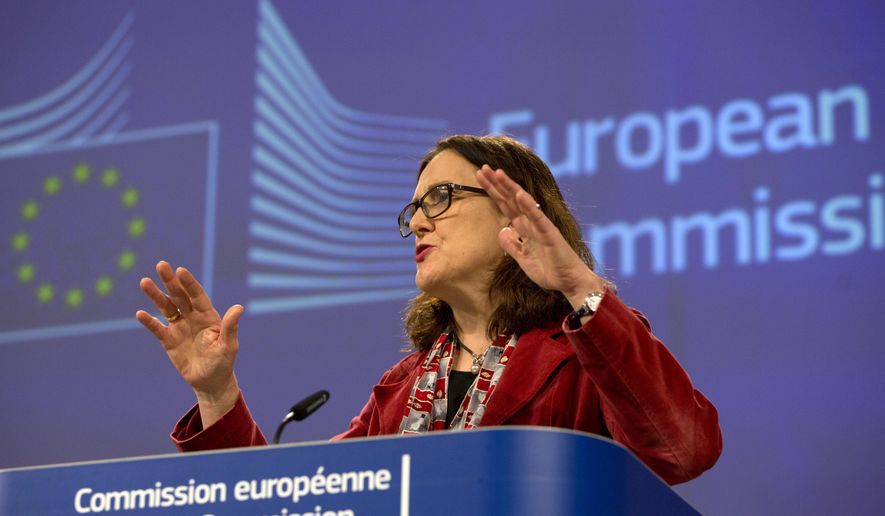 European Union Trade Commissioner Cecilia Malmstrom speaks during a media conference at EU headquarters in Brussels, Friday, Jan. 18, 2019. The European Union is insisting to keep agriculture out of the EU-US trade negotiations despite the wishes from Washington to include the vast sector. (AP Photo/Virginia Mayo)