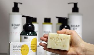 In this photo taken on Thursday, Jan. 17, 2019, finished products by Clarity-The Soap Co. are displayed at their premises in London. Amid the rancor and political bickering that this week sent Prime Minister Theresa May&#39;s Brexit deal down to the biggest defeat in history, people across the U.K. are worried about what the impasse in Parliament means for them and their families. Nowhere more than at Clarity-The Soap Co. which employs visually impaired adults who understand that jobs can be precious - and hard to come by. (AP Photo/Kirsty Wigglesworth)