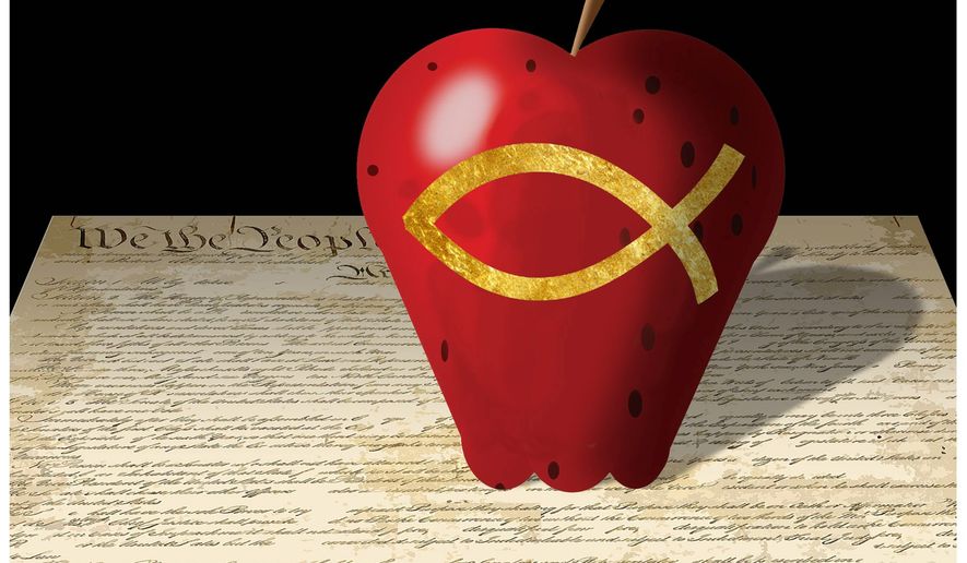 Illustration on the Constitution and religious education by Alexander Hunter/The Washington Times