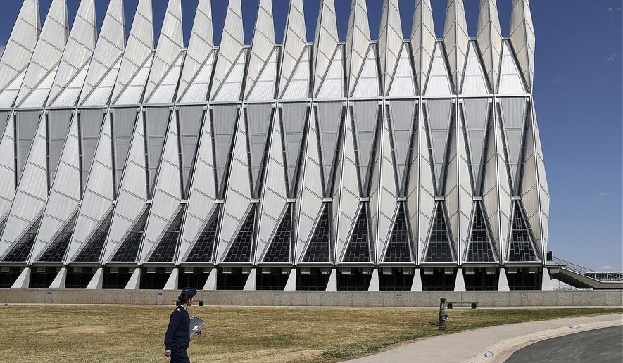 In this April 12, 2017, photo, the Cadet Chapel towers over the U.S. Air Force Academy campus outside Colorado Springs, Colo. The landmark Cadet Chapel is suffering from leaks and corrosion, so the school has drawn up the most ambitious restoration project in the building’s 55-year history. (AP Photo/Thomas Peipert)