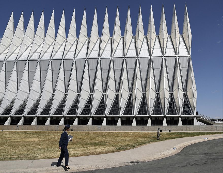 In this April 12, 2017, photo, the Cadet Chapel towers over the U.S. Air Force Academy campus outside Colorado Springs, Colo. The landmark Cadet Chapel is suffering from leaks and corrosion, so the school has drawn up the most ambitious restoration project in the building’s 55-year history. (AP Photo/Thomas Peipert)