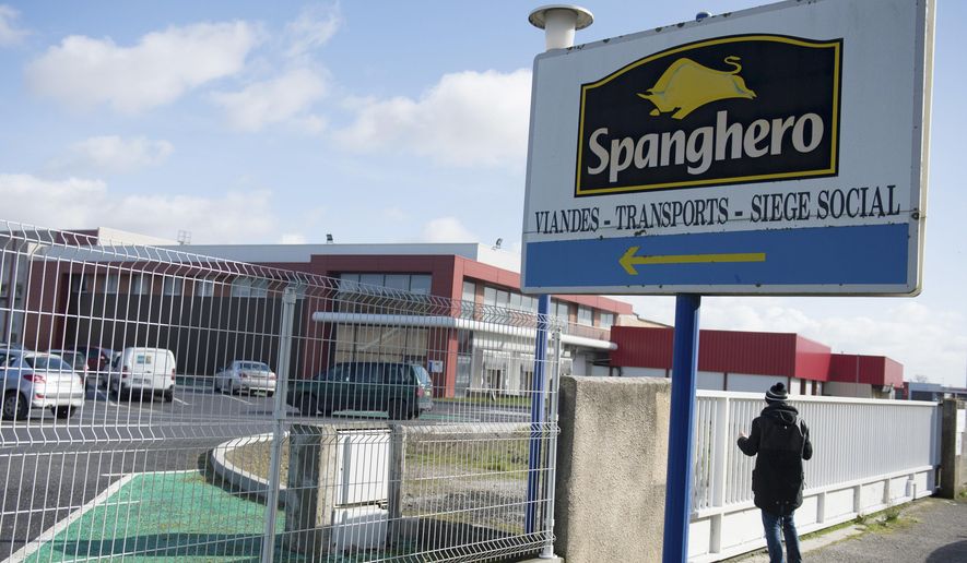 FILE - In this photo taken on Feb. 15, 2013, a person stands at Spanghero meat company in Castelnaudary, southern France. Four people are going on trial in Paris over an elaborate alleged scheme that fed consumers across Europe frozen foods containing cheap horse meat fraudulently labeled as pricier beef. (AP Photo/Bruno Martin, File)