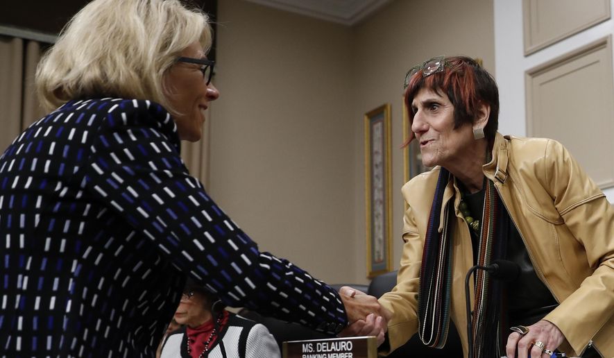 FILE - In this May 24, 2017 file photo, Rep. Rosa DeLauro, D-Conn., center, ranking member on the House Appropriations Labor, Health and Human Services, Education, and Related Agencies subcommittee, greets Education Secretary Betsy DeVos on Capitol Hill in Washington.  House Democrats are preparing to bring Education Secretary Betsy DeVos under the sharpest scrutiny she has seen since taking office. DeVos has emerged as a common target for Democrats as they take charge of House committees that wield oversight powers including the authority to issue subpoenas and call hearings. At least four Democrat-led committees are expected to push DeVos on a range of topics. (AP Photo/Carolyn Kaster)