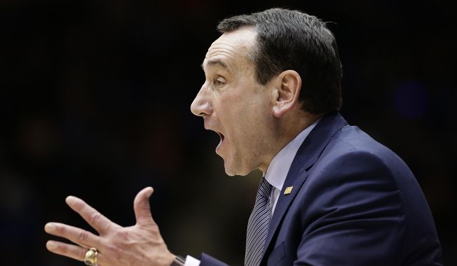 Duke head coach Mike Krzyzewski reacts during the second half of an NCAA college basketball game against Syracuse in Durham, N.C., Monday, Jan. 14, 2019. Syracuse won 95-91. (AP Photo/Gerry Broome)