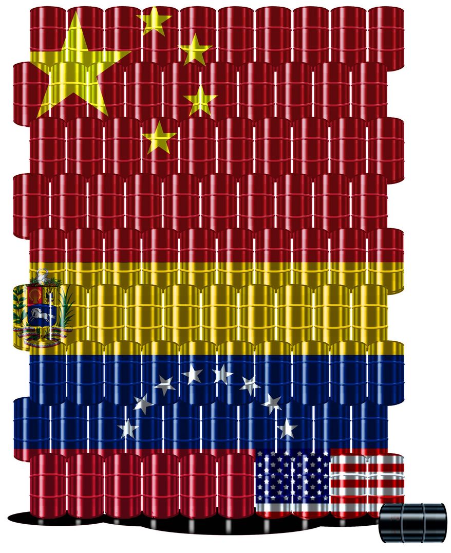 Illustration on China&#39;s increased oil trade with Venezuela by Alexander Hunter/The Washington Times