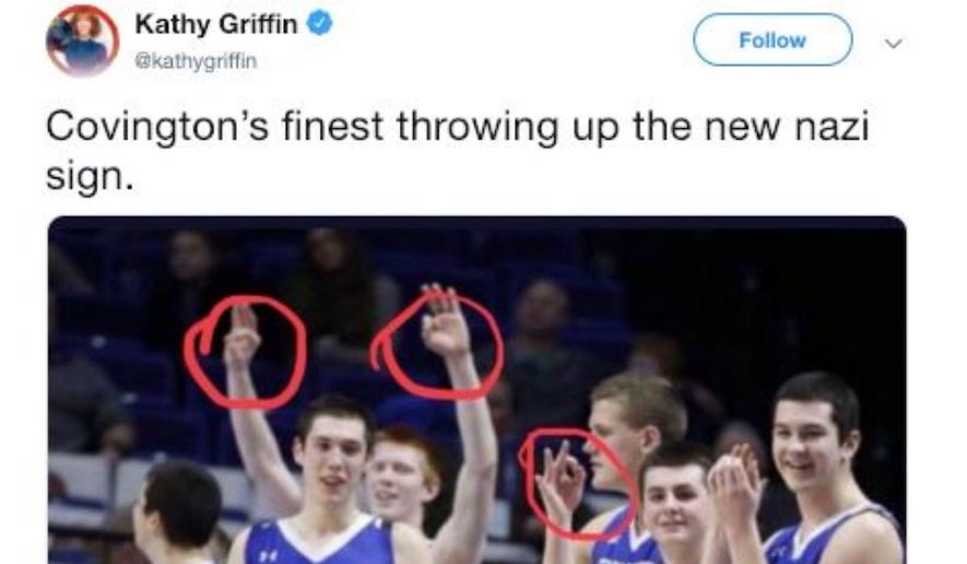Comedian Kathy Griffin claims in a Jan. 22, 2019 that Covington Catholic High School athletes are flashing a &quot;Nazi sign&quot; at a basketball game. The display, however, is an acknowledgment that a three-point basket has been made. (Image: Twitter, Kathy Griffin)