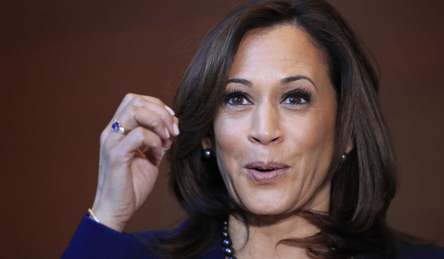 Sen. Kamala Harris, D-Calif., speaks to members of the media at her alma mater, Howard University, Monday, Jan. 21, 2019 in Washington, following her announcement earlier in the morning that she will run for president. Harris, a first-term senator and former California attorney general known for her rigorous questioning of President Donald Trump's nominees, entered the Democratic presidential race on Monday. Vowing to "bring our voices together," Harris would be the first woman to hold the presidency and the second African-American if she succeeds. (AP Photo/Manuel Balce Ceneta)