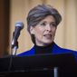 In this Dec. 11, 2018, file photo, Sen. Joni Ernst, R-Iowa, speaks during the signing of an order withdrawing federal protections for countless waterways and wetlands, at EPA headquarters in Washington. (AP Photo/Cliff Owen, File) **FILE**