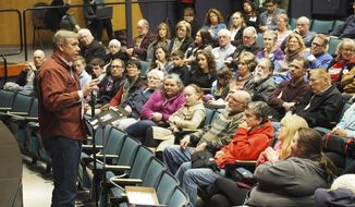 In this Monday, Jan. 21, 2019 photo provided by Zoe Selsky, U.S. Sen. Jeff Merkley holds a town hall at Chemeketa Community College in Salem, Ore. On a day when another U.S. senator formally entered the 2020 presidential race, Merkley, who&#39;s also pondering a run, seemed content to just be a senator by holding a town hall back in his home state of Oregon. (Zoe Selsky via AP)
