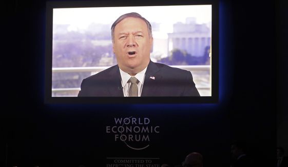 U.S. Secretary of State Mike Pompeo speaks through live video conference at the annual meeting of the World Economic Forum in Davos, Switzerland, Tuesday, Jan. 22, 2019. (AP Photo/Markus Schreiber)