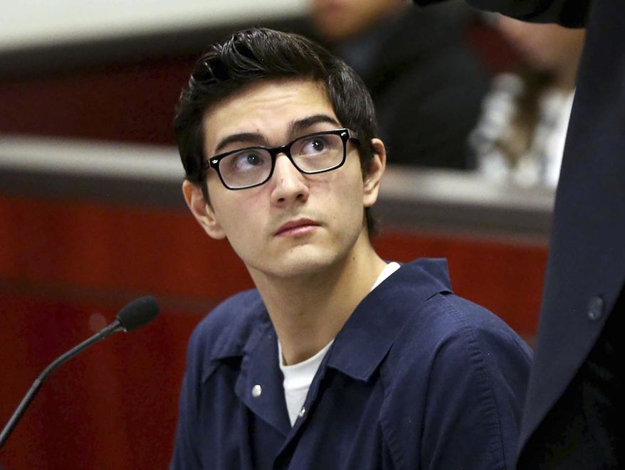 FILE - In this Feb. 19, 2016 file photo, Steven Jones is shown during a bail modification hearing in Coconino County Superior Court in Flagstaff, Ariz. Two attorneys representing Jones, the former Northern Arizona University student charged in a fatal shooting on the school's campus, have asked to withdraw from the case. The request comes after a state Supreme Court committee admonished Ryan Stevens and Bruce Griffen for once representing one of the shooting victims and now representing the accused shooter. The committee says it found probable cause that the attorneys violated rules of professional conduct. (Jake Bacon/Arizona Daily Sun via AP, File)