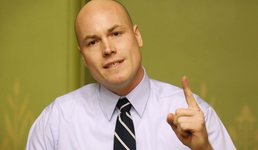 Former Iowa Democratic Congressional candidate J.D. Scholten speaks during a news conference, Wednesday, Jan. 23, 2019, at the Statehouse in Des Moines, Iowa. Scholten, a former minor league baseball player who narrowly lost his bid to defeat U.S. Rep. Steve King in Iowa’s 4th Congressional District says he’s keeping his options open for a political future but for now is working to create an Iowa nonprofit organization to help fight poverty. (AP Photo/Charlie Neibergall)