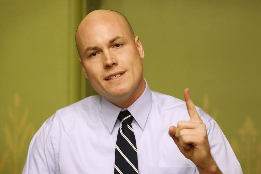 Former Iowa Democratic Congressional candidate J.D. Scholten speaks during a news conference, Wednesday, Jan. 23, 2019, at the Statehouse in Des Moines, Iowa. Scholten, a former minor league baseball player who narrowly lost his bid to defeat U.S. Rep. Steve King in Iowa’s 4th Congressional District says he’s keeping his options open for a political future but for now is working to create an Iowa nonprofit organization to help fight poverty. (AP Photo/Charlie Neibergall)