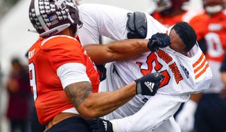 South offensive tackle Tytus Howard of Alabama State (58) loses his helmet in a drill with South defensive end Montez Sweat of Mississippi State (9) during practice for Saturday&#39;s Senior Bowl college football game, Tuesday, Jan. 22, 2019, in Mobile, Ala. (AP Photo/Butch Dill)