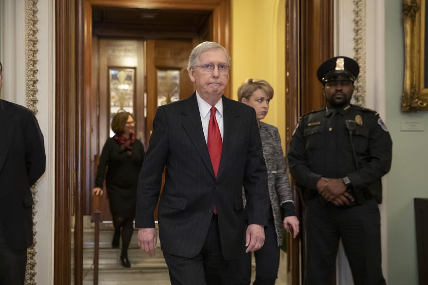 Senate Majority Leader Mitch McConnell, R-Ky., steps out of the chamber prior to a vote on ending the partial government shutdown, at the Capitol in Washington, Thursday, Jan. 24, 2019. (AP Photo/J. Scott Applewhite)