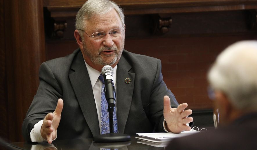 Mississippi Department of Child Protection Services Commissioner Jess Dickinson, speaks of how his child protection agency might have to begin furloughing some workers without pay because federal funds has been interrupted by the federal government shutdown, before the House Appropriations Committee at the Capitol, Thursday, Jan. 24, 2019, in Jackson, Miss. (AP Photo/Rogelio V. Solis)