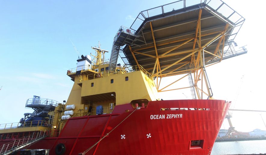The Ocean Zephyr stands docked in Bremerhaven, Germany, Wednesday Jan. 23, 2019. The Britain-based Nekton Mission will use submarines to go 300 meters below the surface and sonar equipment to survey depths of up to 2,000 meters once the Ocean Zephyr reaches the Seychelles. Final preparations were being made Thursday for the start of an unprecedented, years-long mission to explore the Indian Ocean, during which scientists hope to document changes taking place beneath the waves that could affect billions of people in the surrounding region over the coming decades. (AP Photo/Stephen Barker)