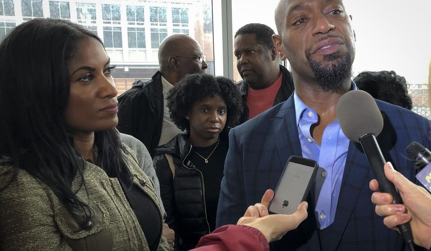 Huwe Burton speaks with reporters at the Bronx County Hall of Justice on Thursday, Jan. 24, 2019, after his conviction was dismissed in the 1989 killing of his mother. Burton was 16 when he was accused of stabbing his mother to death, then staging the scene to make it appear an intruder had sexually assaulted and killed her. He insisted for decades he didn't commit the crime. After 30 years - 19 of them in prison - Burton was cleared of the charges Thursday after Bronx prosecutors said they would no longer stand behind his murder conviction. (AP Photo/Jennifer Peltz)