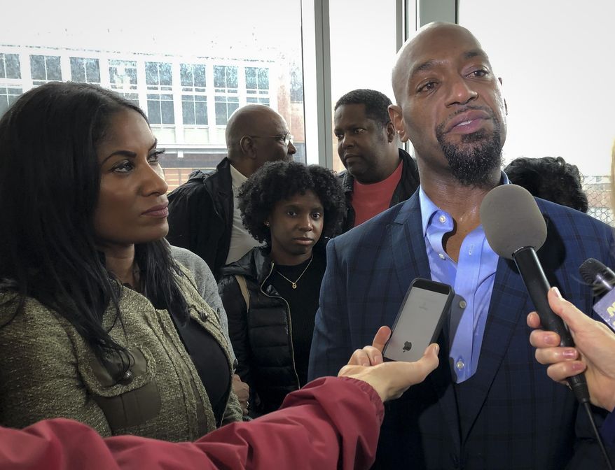 Huwe Burton speaks with reporters at the Bronx County Hall of Justice on Thursday, Jan. 24, 2019, after his conviction was dismissed in the 1989 killing of his mother. Burton was 16 when he was accused of stabbing his mother to death, then staging the scene to make it appear an intruder had sexually assaulted and killed her. He insisted for decades he didn't commit the crime. After 30 years - 19 of them in prison - Burton was cleared of the charges Thursday after Bronx prosecutors said they would no longer stand behind his murder conviction. (AP Photo/Jennifer Peltz)