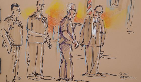In this courtroom sketch Roger Stone, a confidant of President Donald Trump, second from right, attends a federal court hearing, Friday, Jan. 25, 2019, in Fort Lauderdale, Fla. Stone was arrested Friday in the special counsel&#39;s Russia investigation and was charged with lying to Congress and obstructing the probe. (Daniel Pontet via AP)