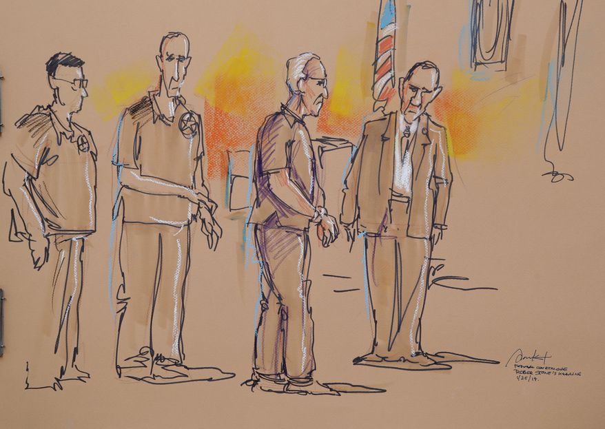 In this courtroom sketch Roger Stone, a confidant of President Donald Trump, second from right, attends a federal court hearing, Friday, Jan. 25, 2019, in Fort Lauderdale, Fla. Stone was arrested Friday in the special counsel&#39;s Russia investigation and was charged with lying to Congress and obstructing the probe. (Daniel Pontet via AP)