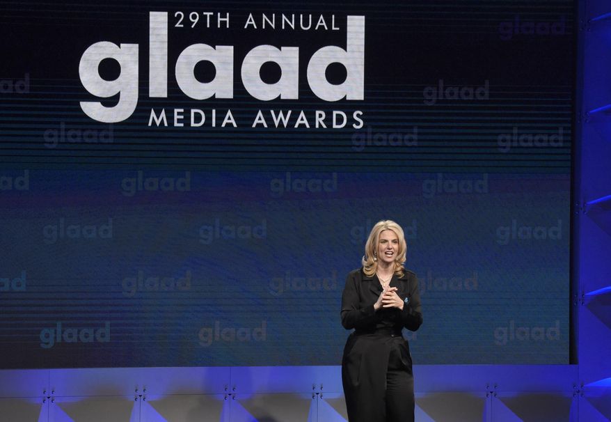 FILE - In this April 12, 2018 file photo, GLAAD President Sarah Kate Ellis speaks at the 29th annual GLAAD Media Awards at the Beverly Hilton Hotel in Beverly Hills, Calif. GLAAD is honoring video games for the first time during its 30th annual GLAAD Media Awards. The lesbian, gay, bisexual, transgender and queer advocacy group on Friday, Jan. 25, 2019 announced 151 nominees in 27 categories for what the group says are fair, accurate and inclusive representations of LGBTQ people and issues.(Photo by Chris Pizzello/Invision/AP, File)