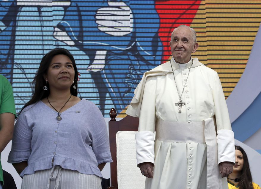 Pope Francis arrives at the World Youth Day welcome ceremony at Campo Santa Maria La Antigua in Panama City, Thursday, Jan. 24, 2019. (AP Photo/Alessandra Tarantino)