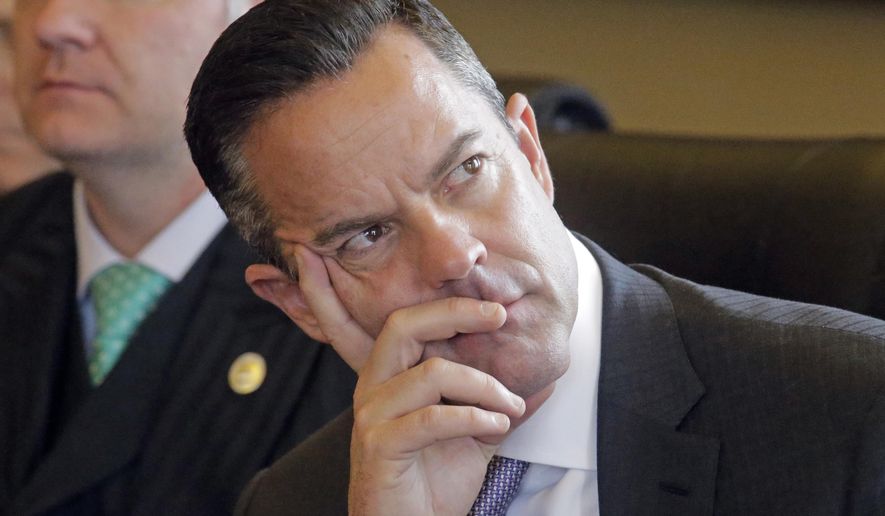 FILE - In this Feb. 9, 2017, file photo, Republican Rep. Brad Wilson, of Kaysville, looks on during the House Majority Caucus at the Utah State Capitol, in Salt Lake City. The 2019 Utah legislative session will kick off Monday, Jan. 28, 2019, with a new set of leaders as Republican Wilson takes over for Greg Hughes as Speaker of the House, Republican Stuart Adams replaces Wayne Niederhauser as Senate President and Democrat Karen Mayne becomes the minority leader of the Senate. (AP Photo/Rick Bowmer, File)