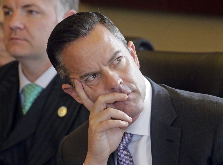 FILE - In this Feb. 9, 2017, file photo, Republican Rep. Brad Wilson, of Kaysville, looks on during the House Majority Caucus at the Utah State Capitol, in Salt Lake City. The 2019 Utah legislative session will kick off Monday, Jan. 28, 2019, with a new set of leaders as Republican Wilson takes over for Greg Hughes as Speaker of the House, Republican Stuart Adams replaces Wayne Niederhauser as Senate President and Democrat Karen Mayne becomes the minority leader of the Senate. (AP Photo/Rick Bowmer, File)