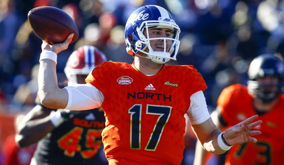 North quarterback Daniel Jones, of Duke, throws a pass during the first half of the Senior Bowl college football game, Saturday, Jan. 26, 2019, in Mobile, Ala. (AP Photo/Butch Dill)