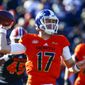 North quarterback Daniel Jones, of Duke, throws a pass during the first half of the Senior Bowl college football game, Saturday, Jan. 26, 2019, in Mobile, Ala. (AP Photo/Butch Dill)